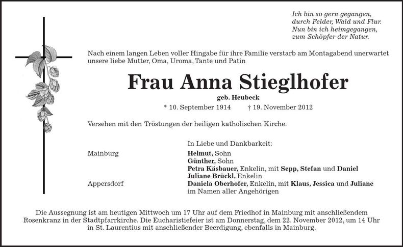 Traueranzeige Anna Stieglhofer