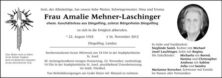 Traueranzeige Amalie Mehner-Laschinger