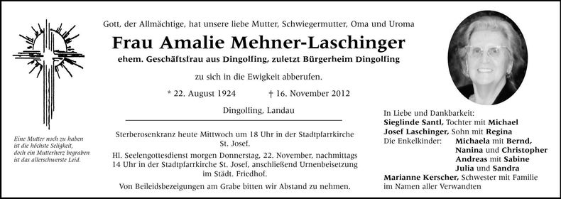 Traueranzeige Amalie Mehner-Laschinger