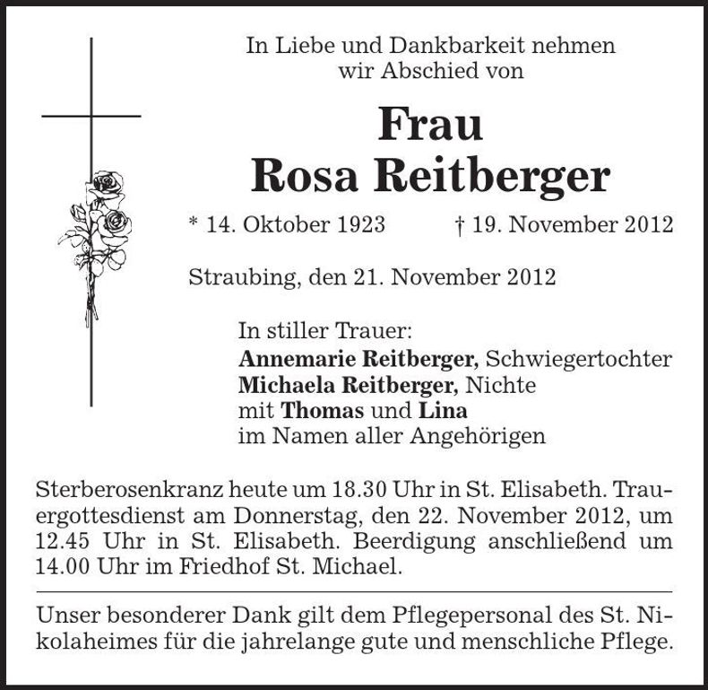 Traueranzeige Rosa Reitberger