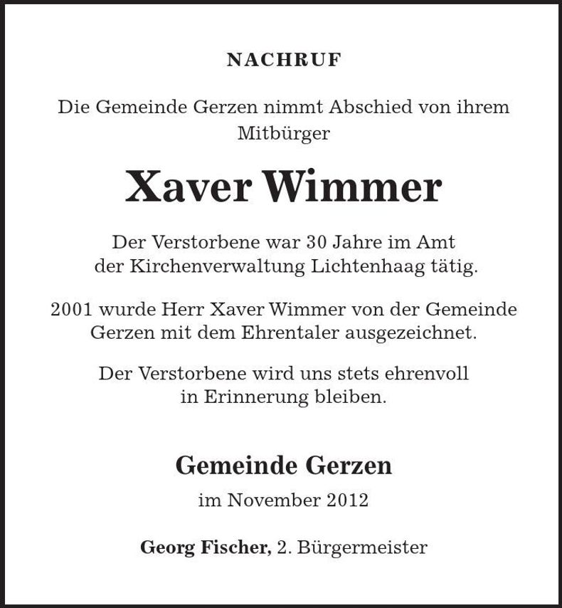 Traueranzeige Xaver Wimmer