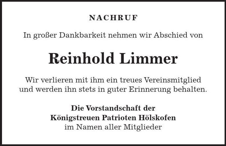 Traueranzeige Reinhold Limmer