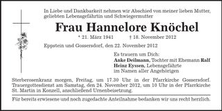 Traueranzeige Hannelore Knöchel