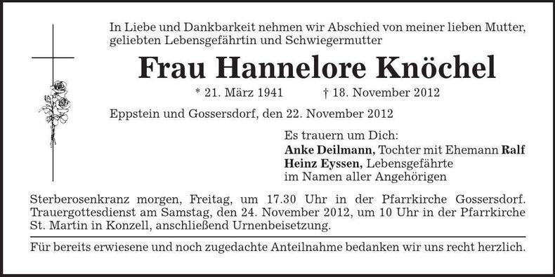 Traueranzeige Hannelore Knöchel