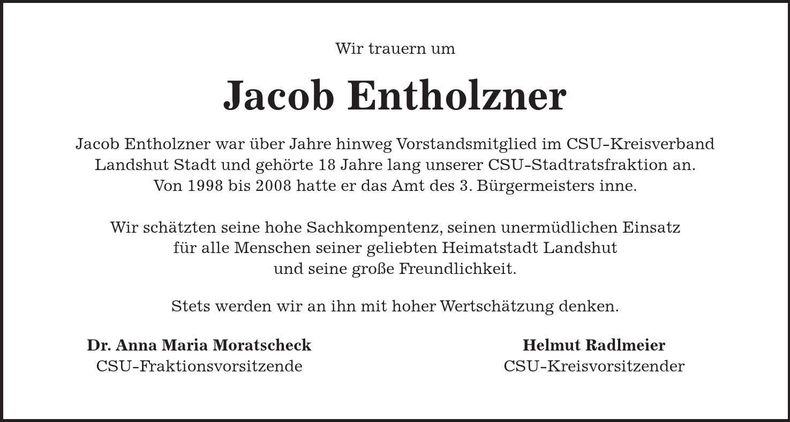 Traueranzeige Jacob Entholzner