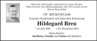 Traueranzeige Hildegard Breu