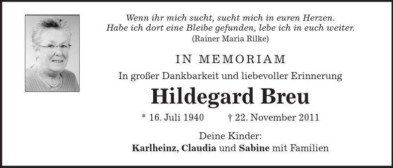 Traueranzeige Hildegard Breu