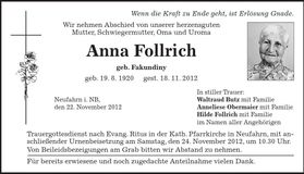 Traueranzeige Anna Follrich