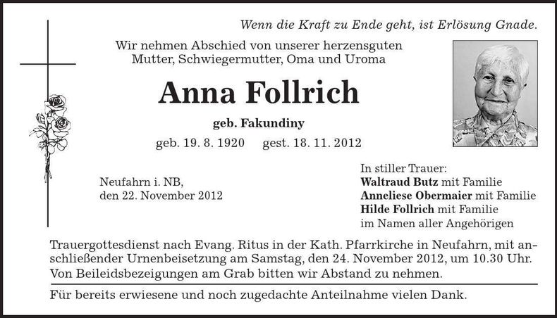 Traueranzeige Anna Follrich