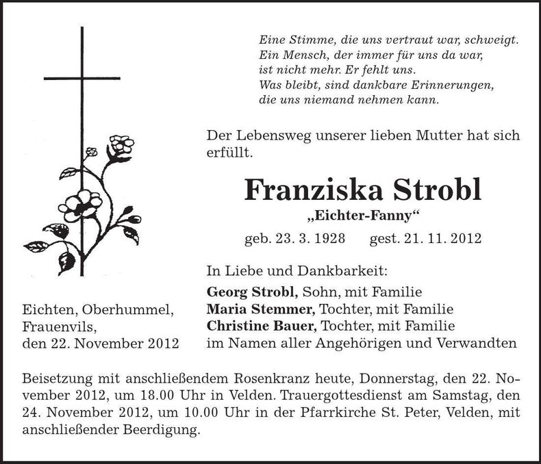 Traueranzeige Franziska Strobl