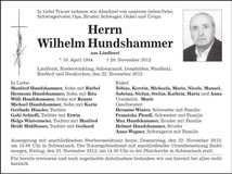 Traueranzeige Wilhelm Hundshammer