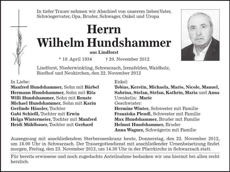 Traueranzeige Wilhelm Hundshammer