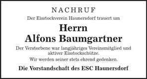 Traueranzeige Alfons Baumgartner