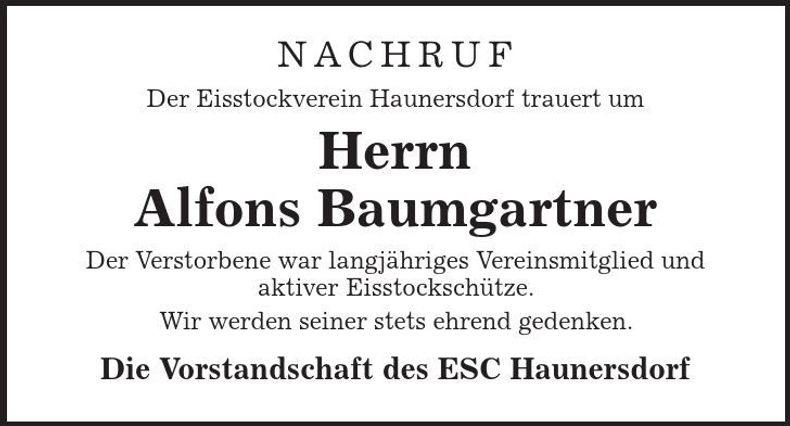 Traueranzeige Alfons Baumgartner