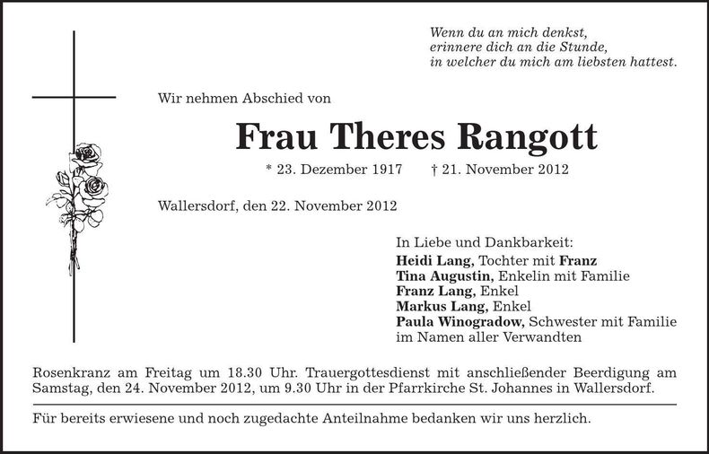 Traueranzeige Theres Rangott