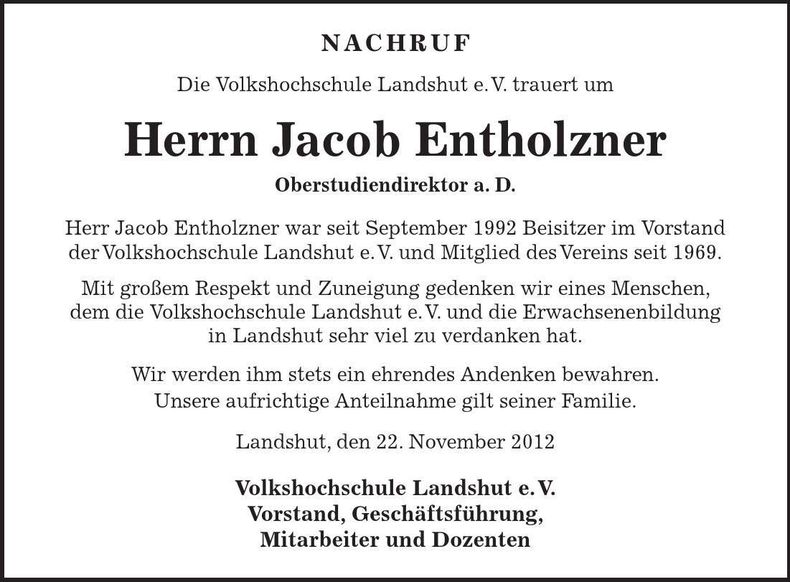 Traueranzeige Jacob Entholzner