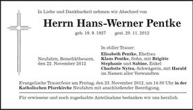 Traueranzeige Hans-Werner Pentke