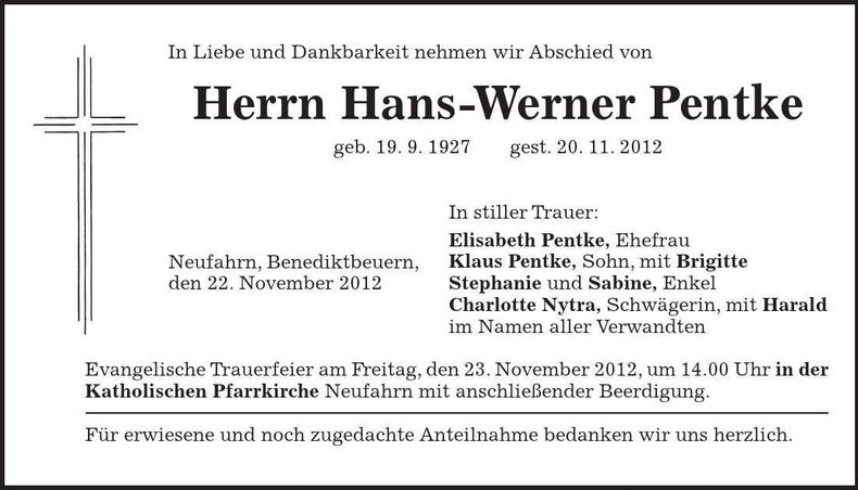 Traueranzeige Hans-Werner Pentke