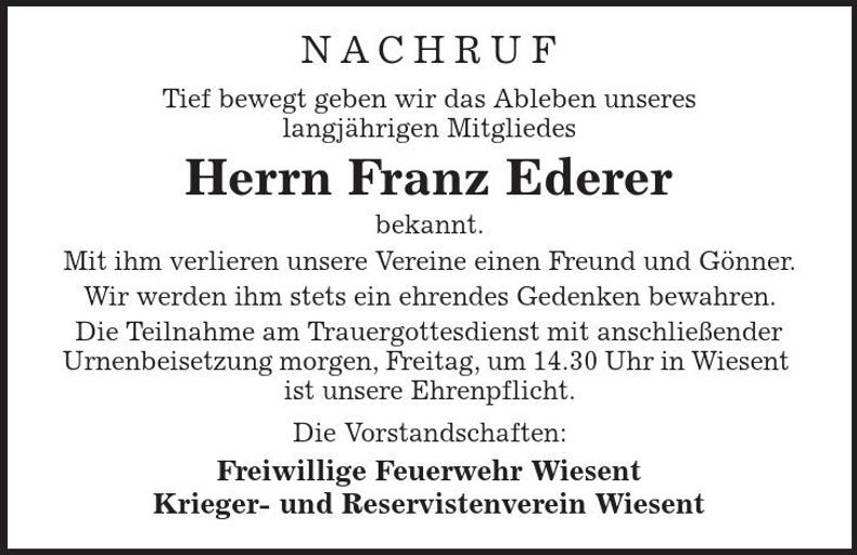 Traueranzeige Franz Ederer