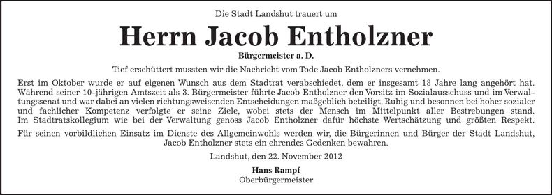 Traueranzeige Jacob Entholzner