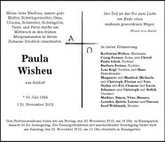 Traueranzeige Paula Wisheu