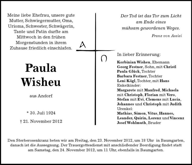 Traueranzeige Paula Wisheu