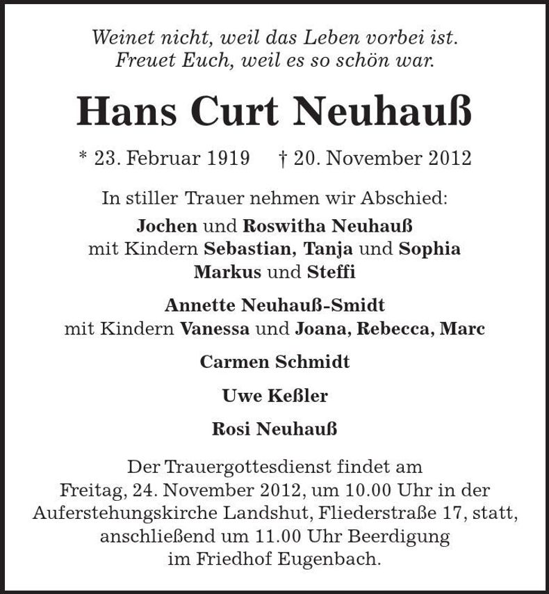 Traueranzeige Hans-Curt Neuhauß