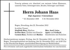 Traueranzeige Johann Haas