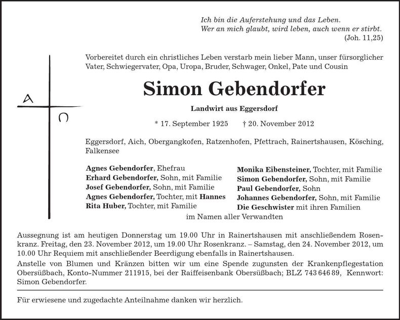 Traueranzeige Simon Gebendorfer