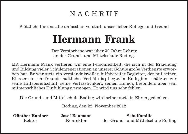 Traueranzeige Hermann Frank