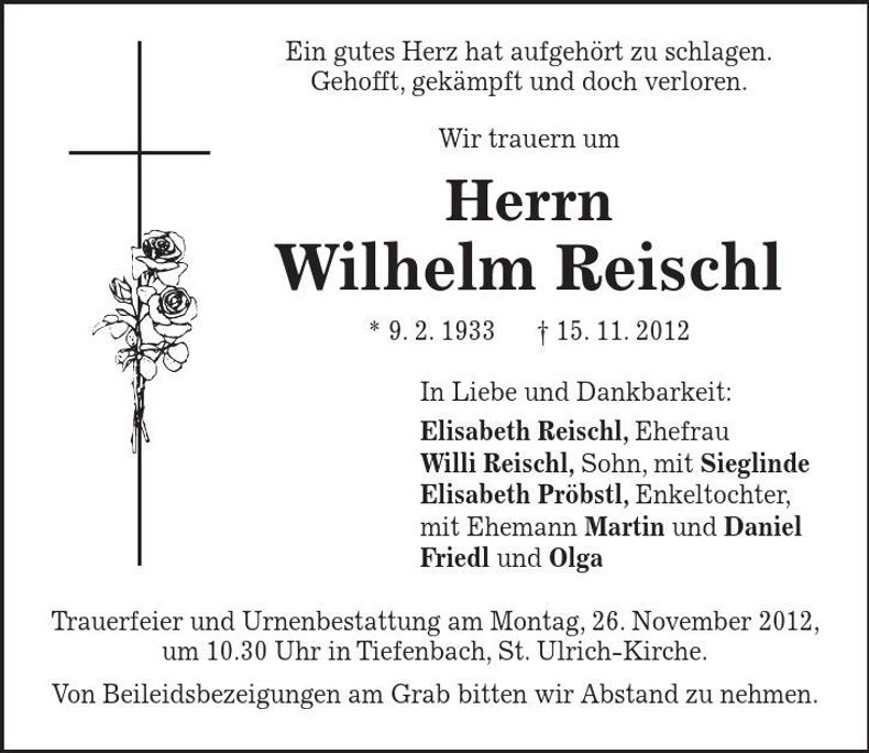 Traueranzeige Wilhelmq Reischl