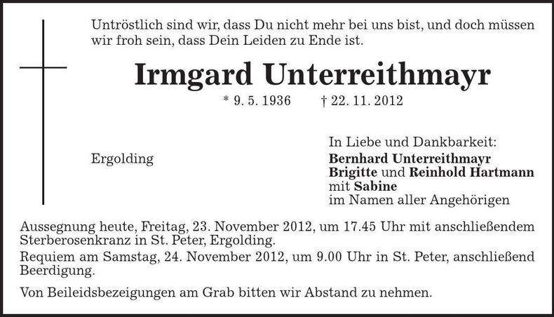 Traueranzeige Irmgard Unterreithmayr