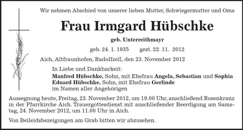 Traueranzeige Irmgard Hübschke