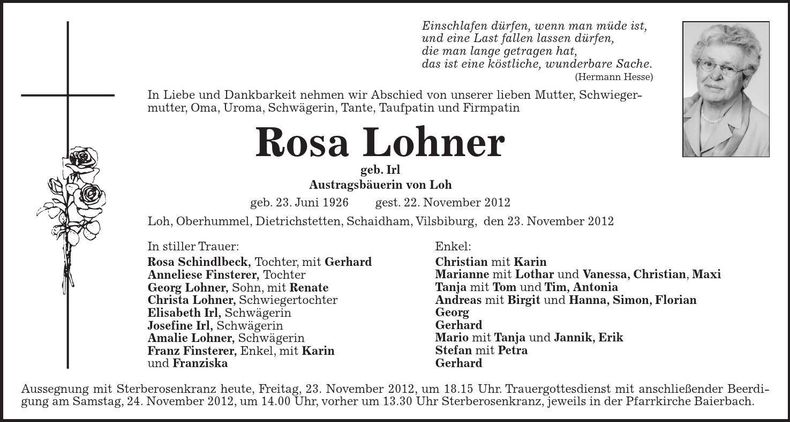Traueranzeige Rosa Lohner