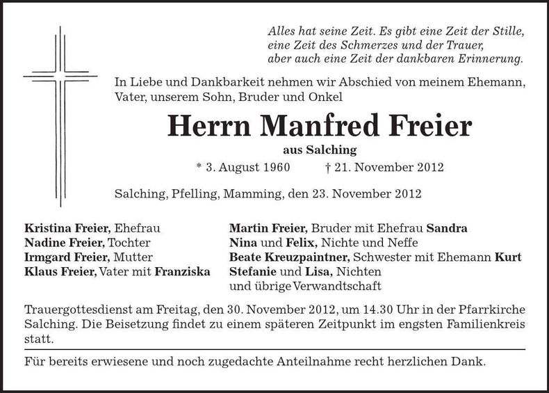 Traueranzeige Manfred Freier