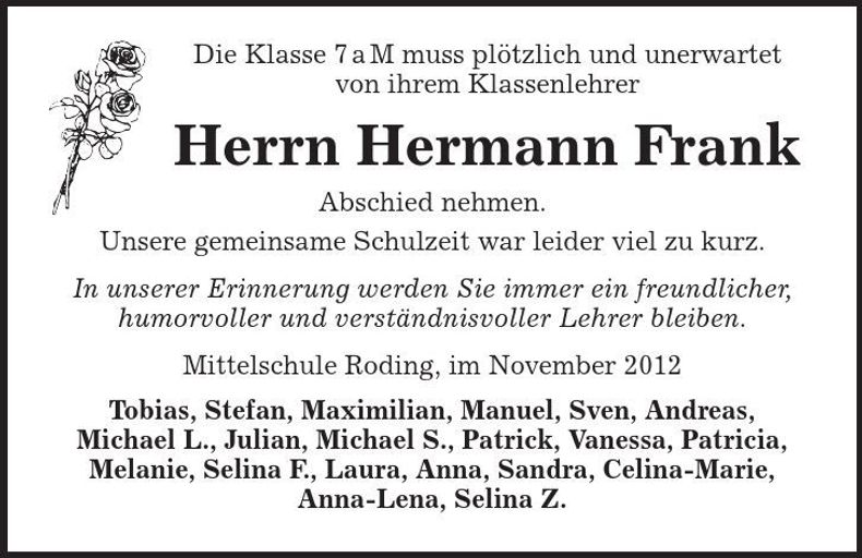 Traueranzeige Hermann Frank
