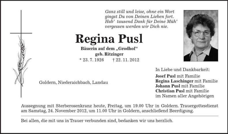 Traueranzeige Regina Pusl