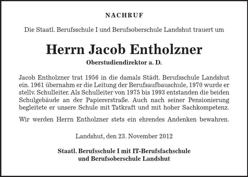 Traueranzeige Jacob Entholzner