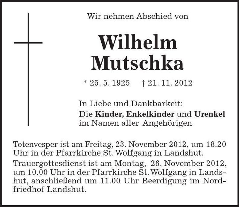 Traueranzeige Wilhelm Mutschka