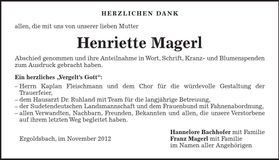 Traueranzeige Henriette Magerl