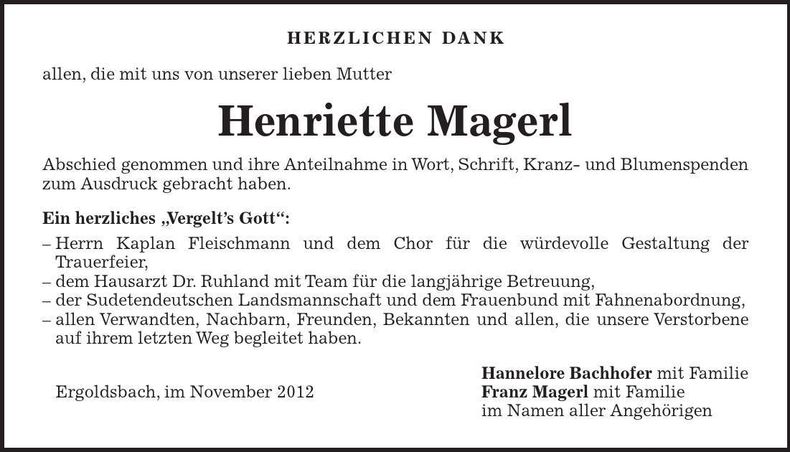 Traueranzeige Henriette Magerl