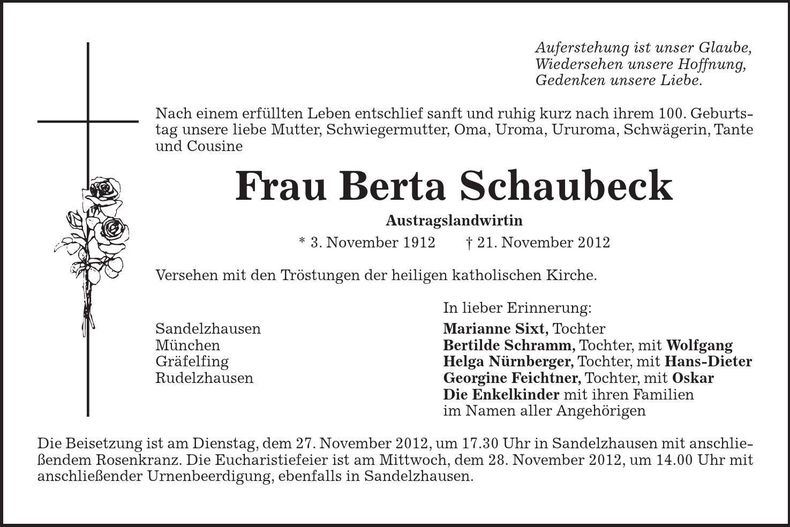 Traueranzeige Berta Schaubeck