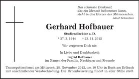 Traueranzeige Gerhard Hofbauer