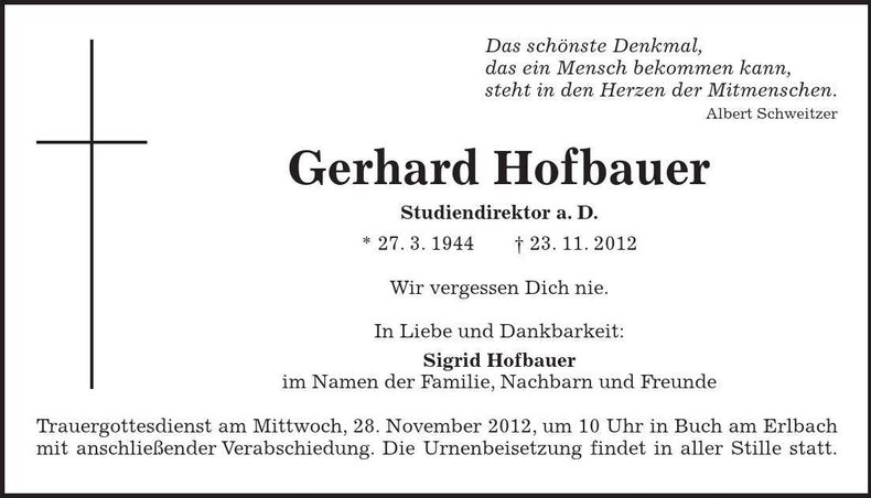 Traueranzeige Gerhard Hofbauer