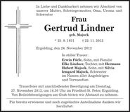 Traueranzeige Gertrud Lindner