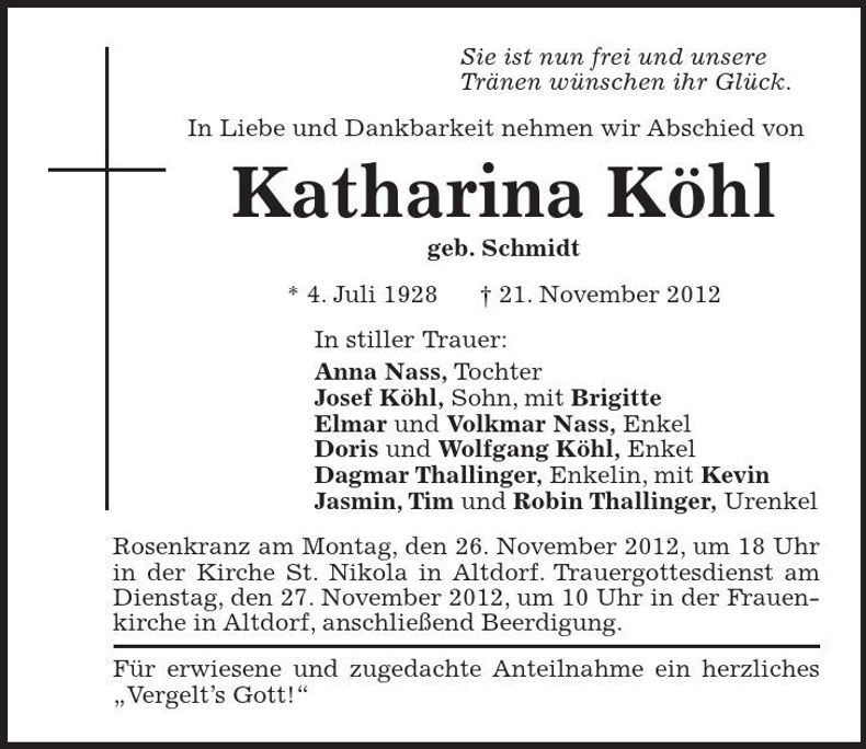 Traueranzeige Katharina Köhl