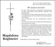 Traueranzeige Magdalena Köglmeier