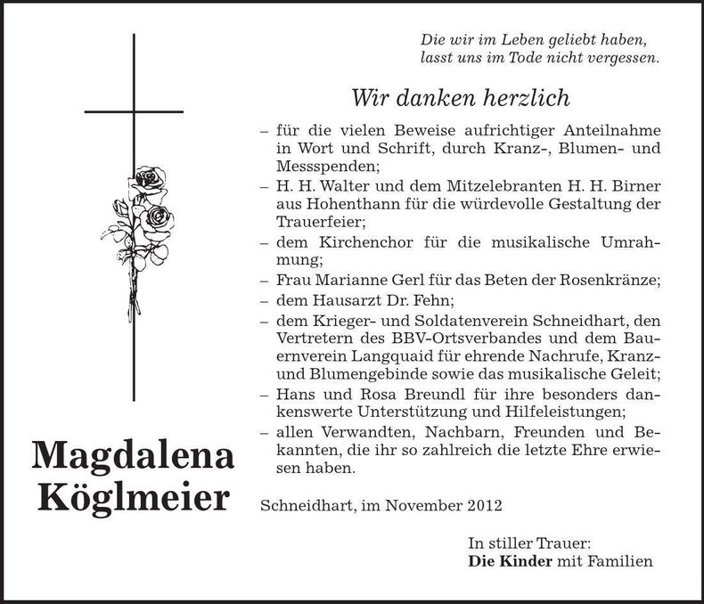 Traueranzeige Magdalena Köglmeier