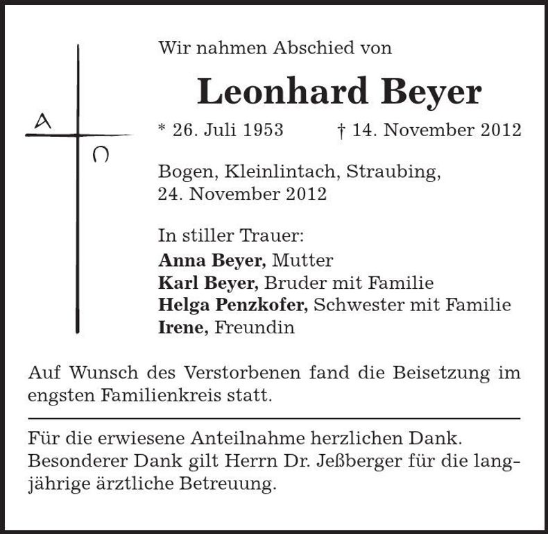 Traueranzeige Leonhard Beyer