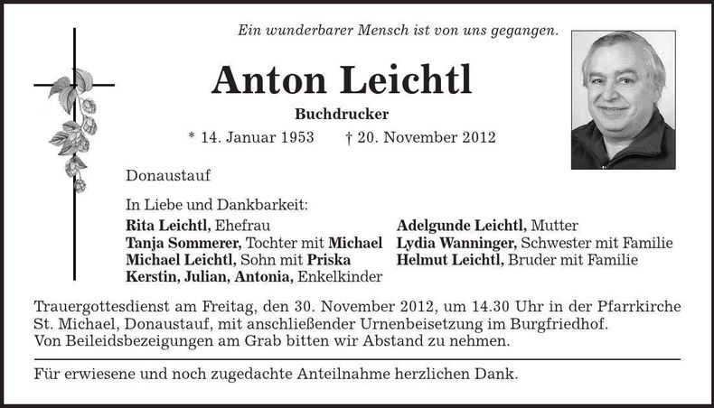 Traueranzeige Anton Leichtl